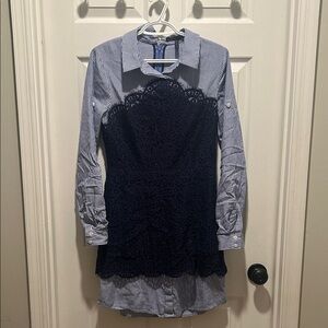 BCBGmaxazria Striped Shirt Dress with Navy Lace Overlay